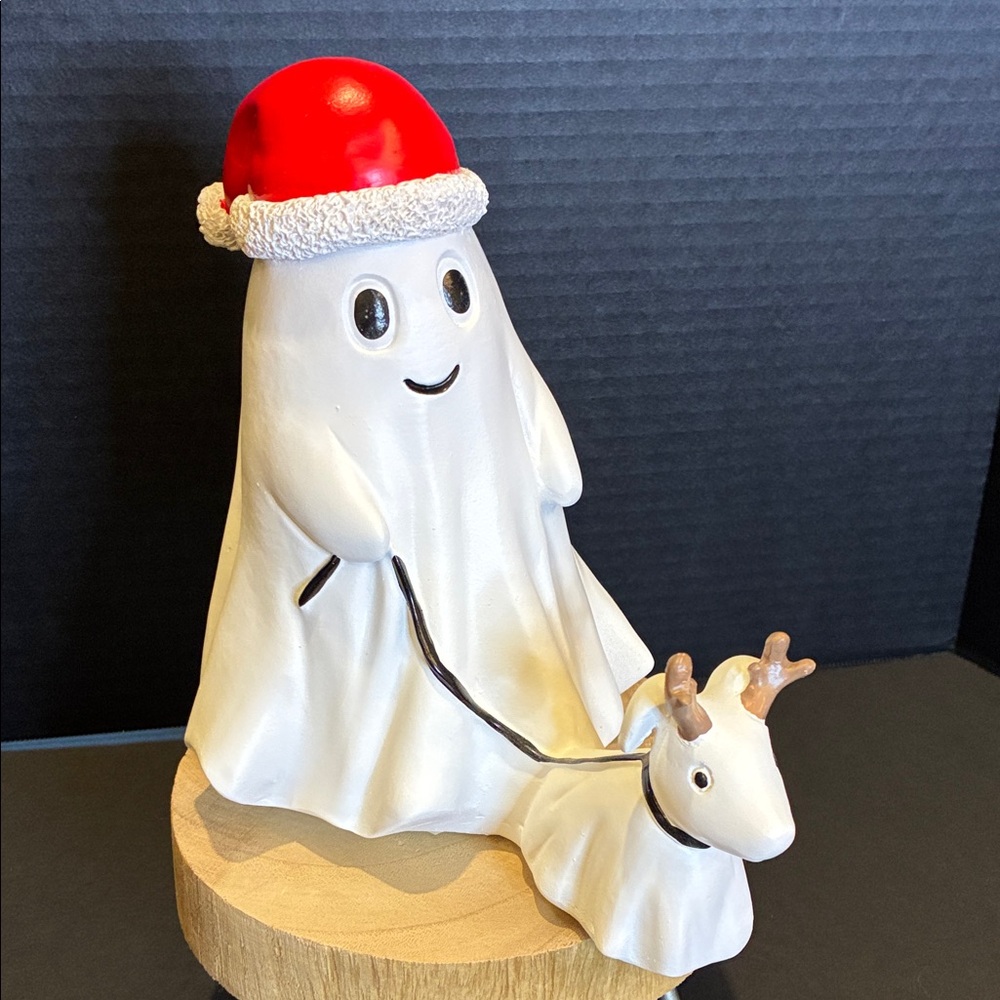 Viral Christmas Ghost 👻 Figurine with Santa Hat Walking a Reindeer